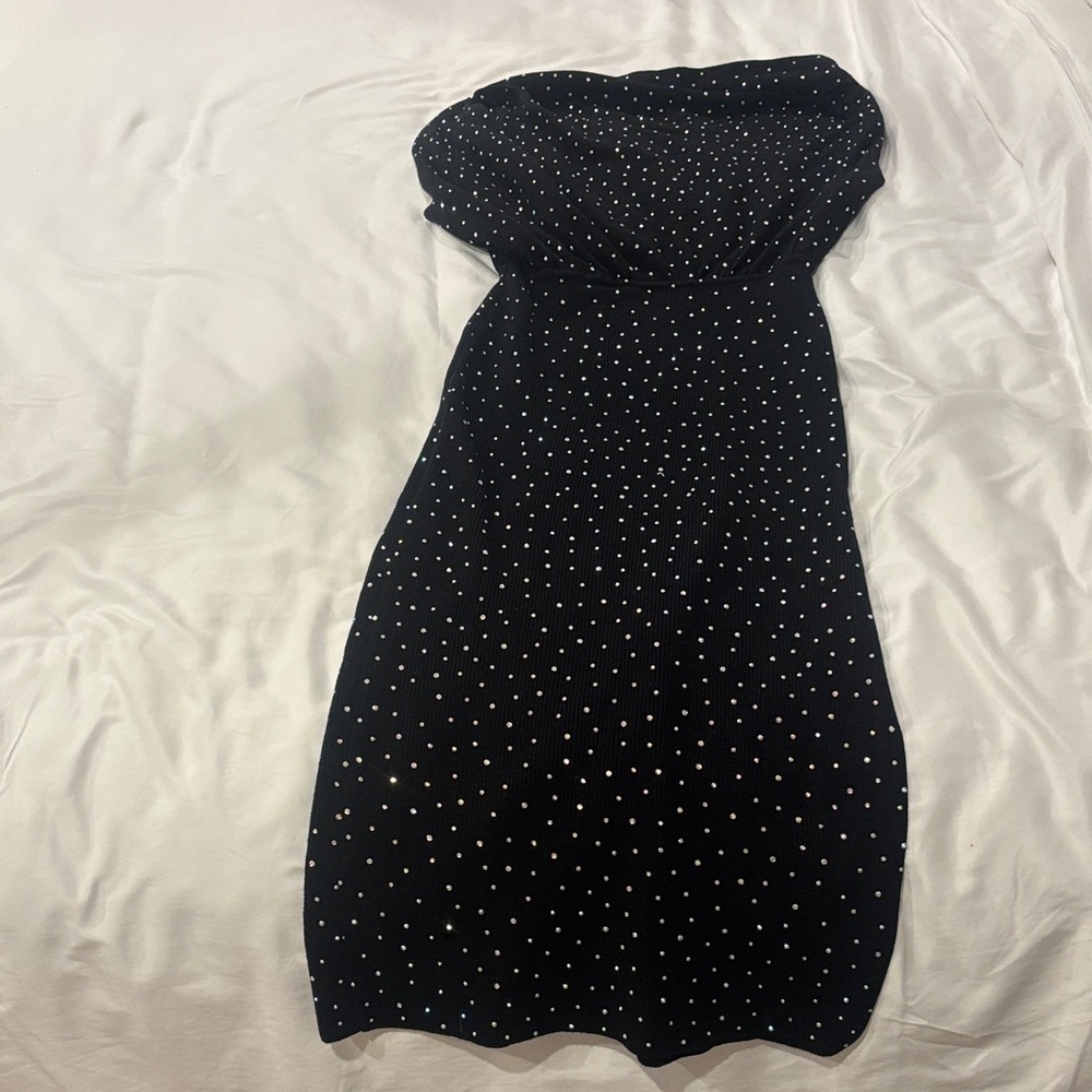 Elegant Black Cap Sleeve Dress With Rhinestones